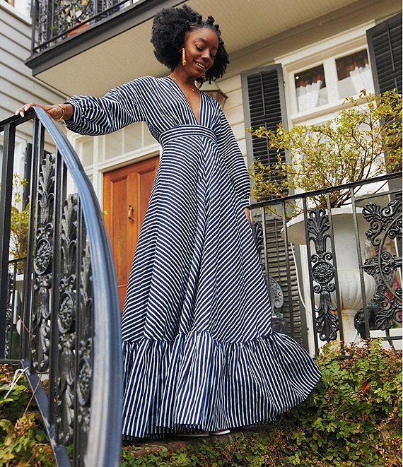 x Venita Aspen Genevieve Novelty Stripe V-Neck Long Sleeve A-line Dress | Dillard's