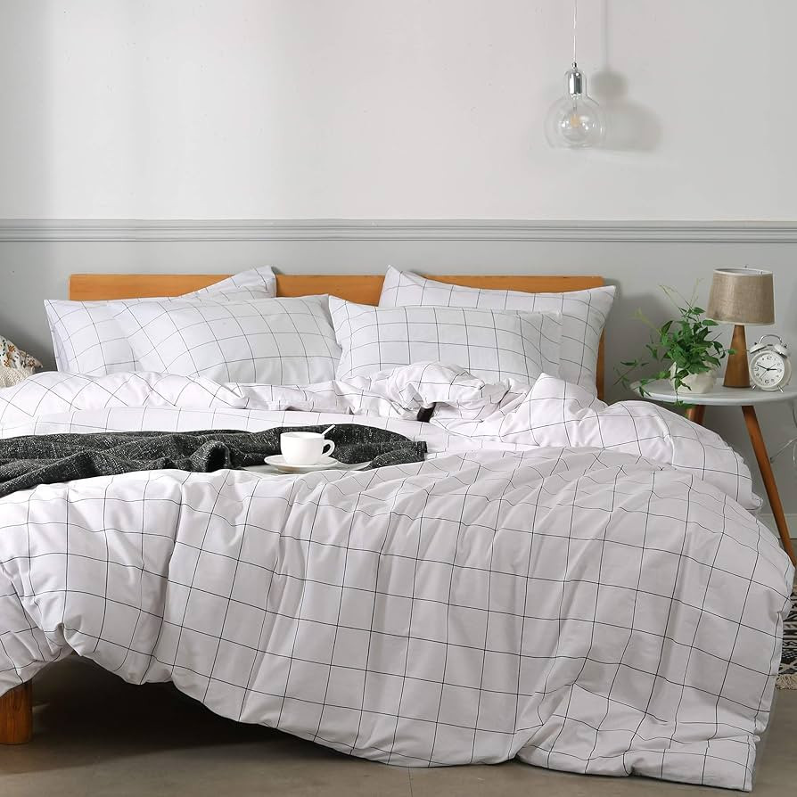 JELLYMONI 100% Natural Cotton 2pcs Plaid Duvet Cover Sets,White with Black Grid Geometric Pattern... | Amazon (US)