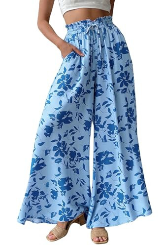 YOCUR Women Beach Vacation Summer Pants Flowy Palazzo Pants Blue Printed M | Amazon (US)