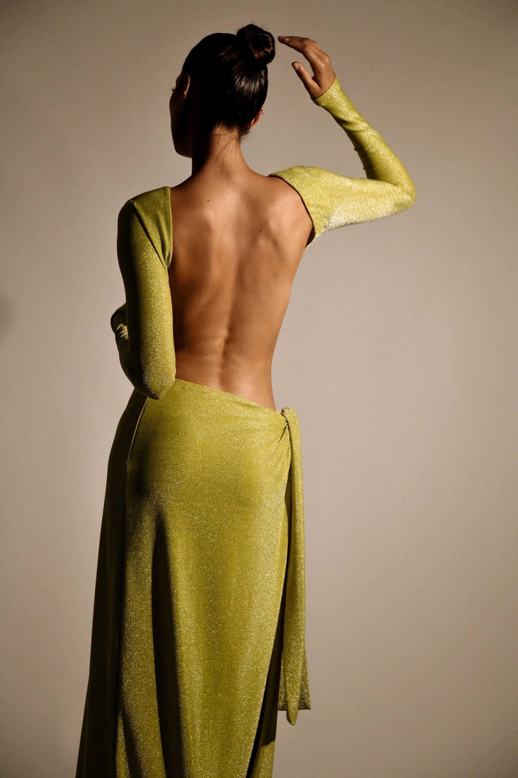 Christina Backless Maxi Wrap Dress - Green Shimmer | MESHKI US
