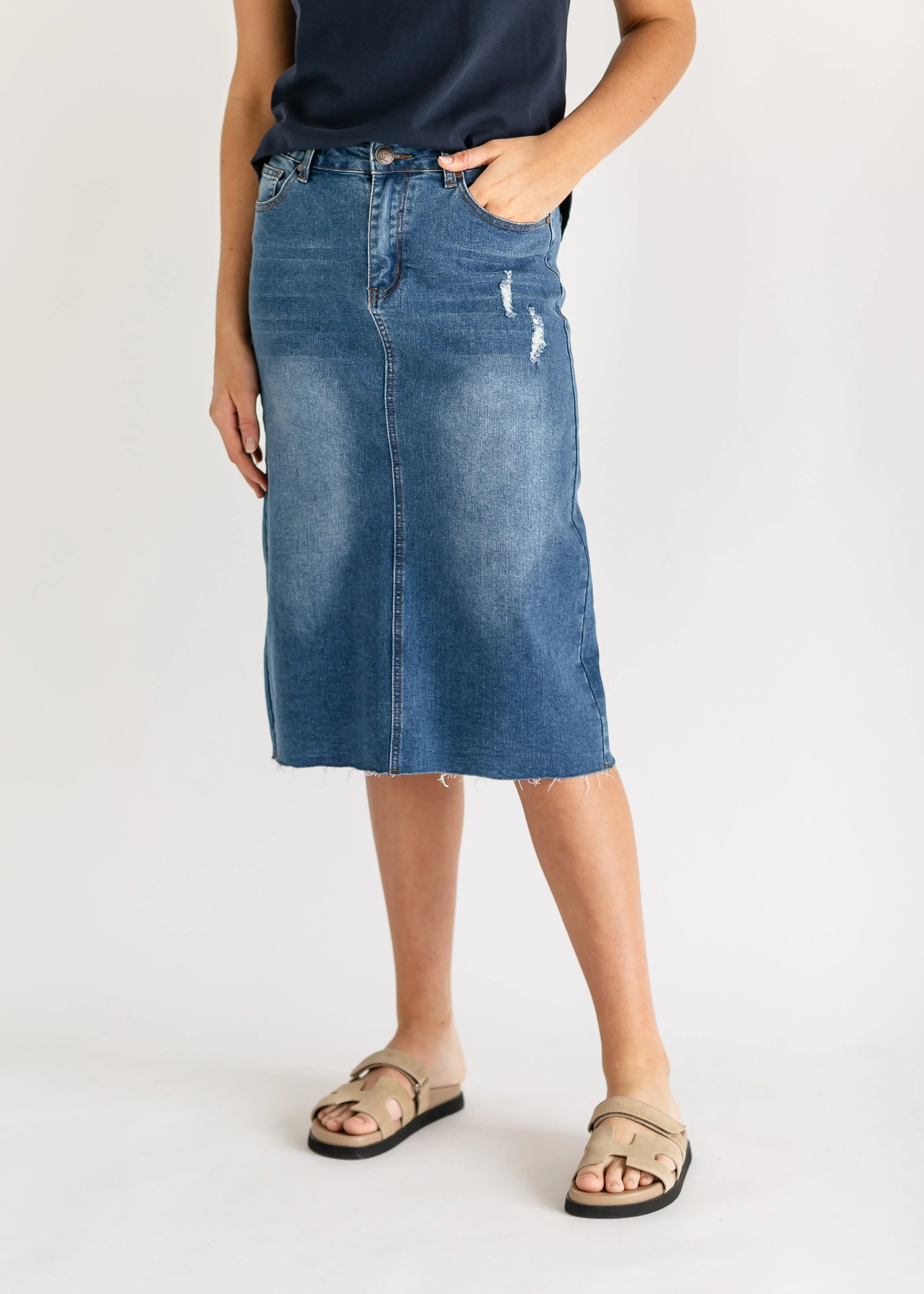 Remi Raw Hem Medium Wash Midi Skirt | Inherit Clothing Co.