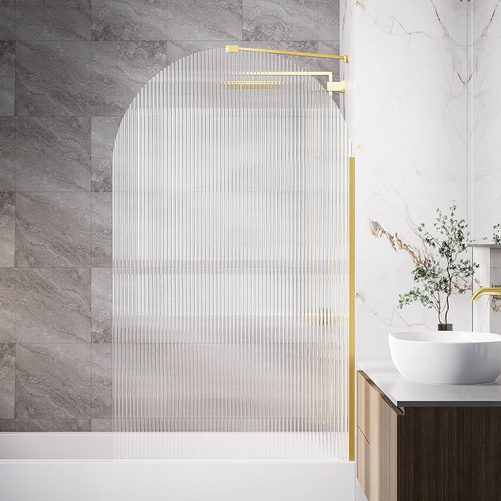 33" x 58" Frameless Shower Door in Brushed Gold, Water Repellent Glass Shower Door with Seal Stri... | Amazon (US)