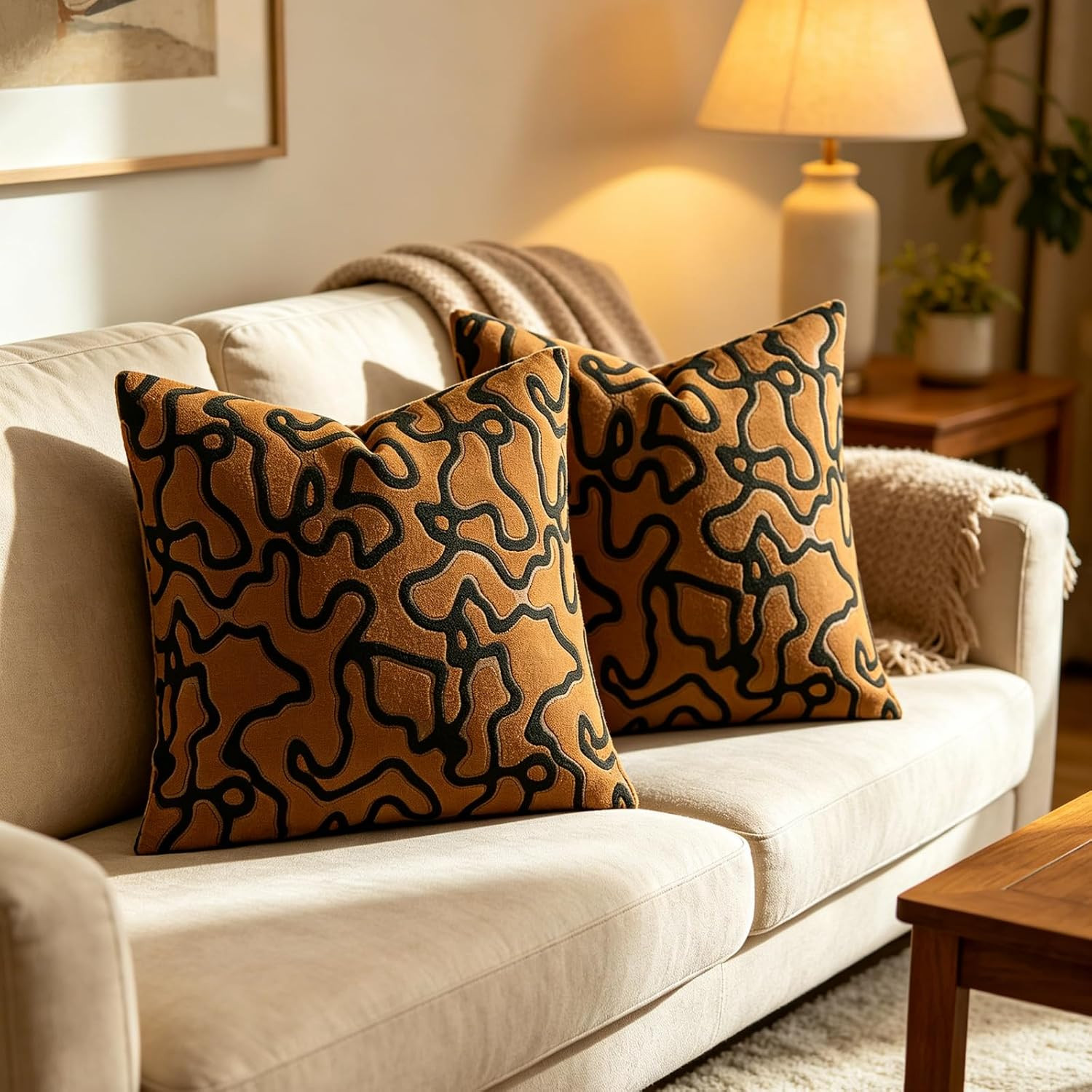 18x18 in Abstract Throw Pillow Covers Set of 2, Caramel Brown with Dark Green Line Embroidery Pillow Cases, Modern Minimalist Decorative Cushion Covers for Sofa Couch Living Room Bedroom | Amazon (US)
