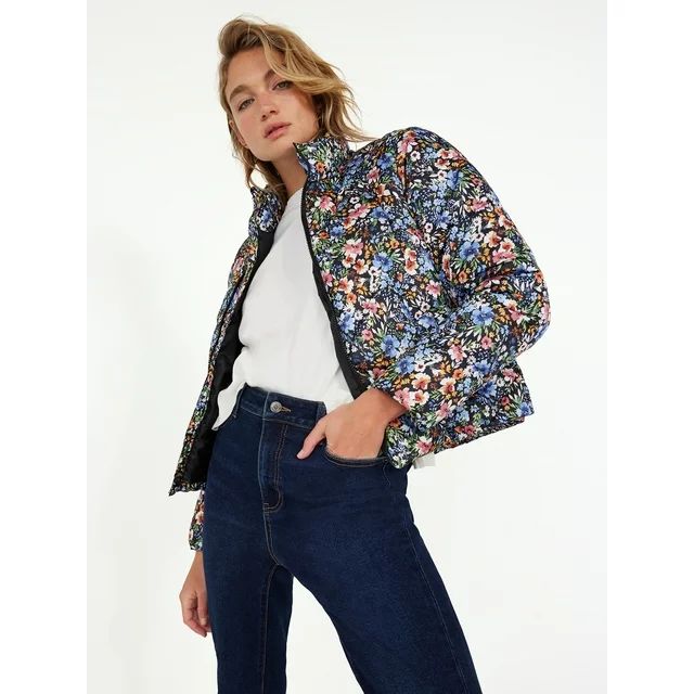 Time and Tru Women's Short Print Puffer Jacket, Sizes XS-3X | Walmart (US)