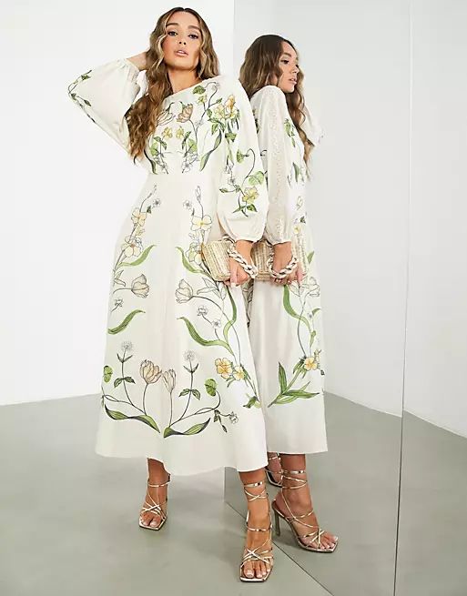 ASOS EDITION large scale floral and leaf embroidered midi dress in cream | ASOS (Global)