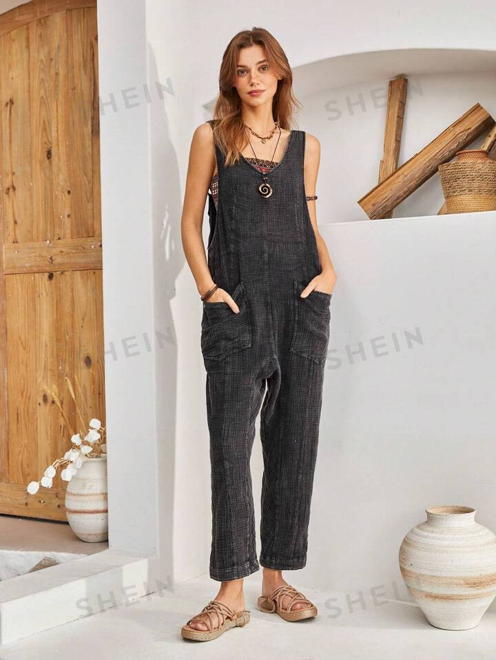 SHEIN BohoFeels Vacation Double Pocket Sleeveless Jumpsuit | SHEIN