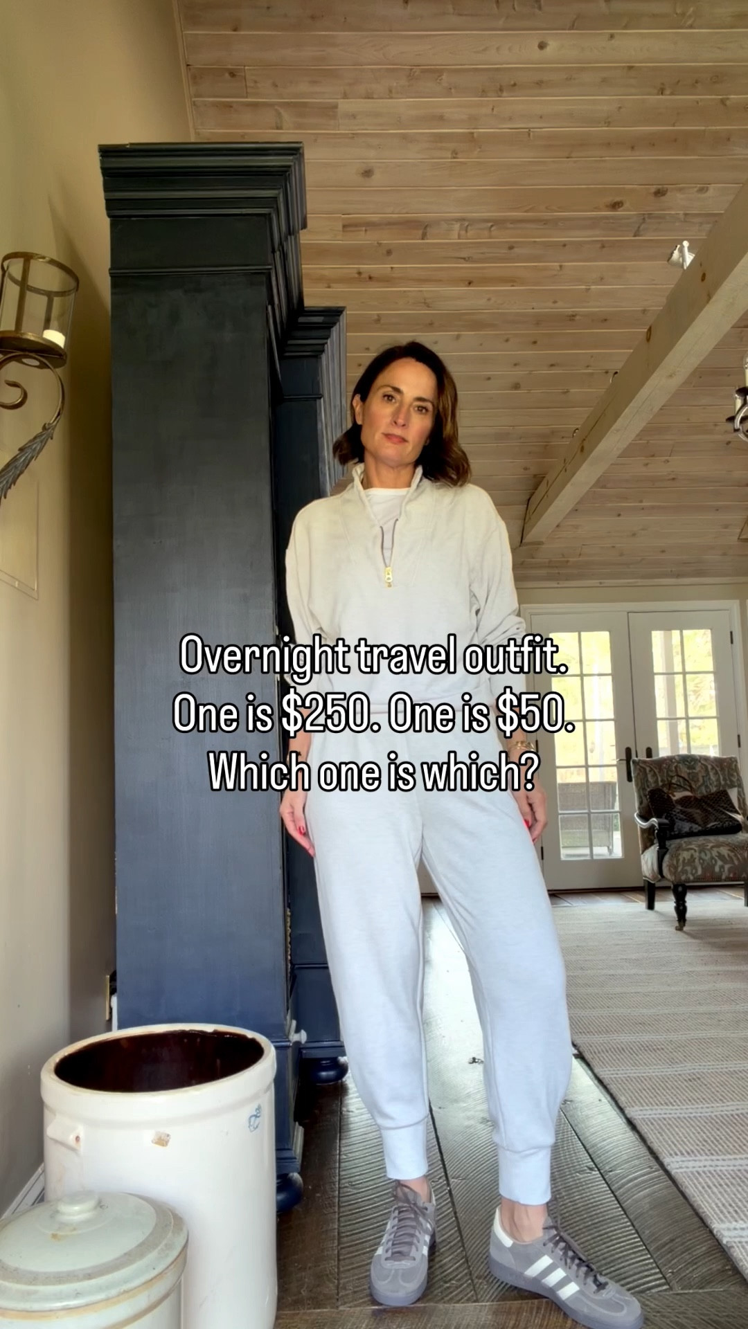 The first one is $250 and the second one is $50. They are the same material and I actually prefer the no elastic pants. They are so much more comfortable for a flight. 

#LTKTravel #LTKOver40 #LTKSaleAlert