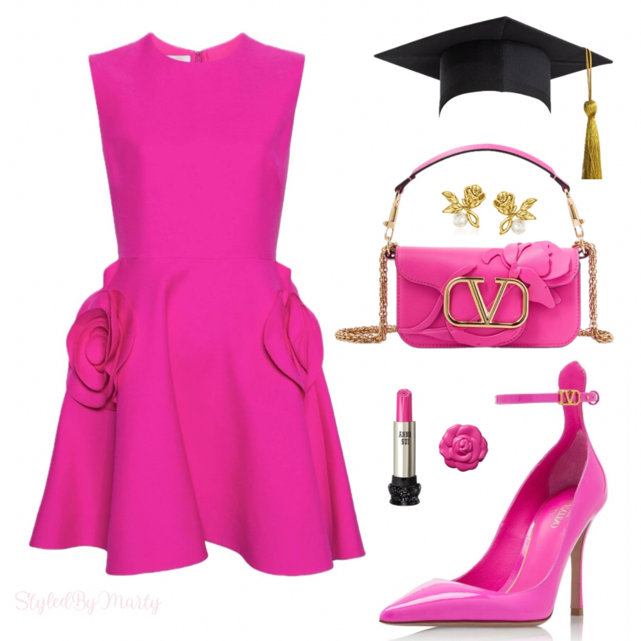 Graduation dress, graduation outfit, graduation party dress, fuschia dress, pink mini dress, pink flower appliqué mini dress, pink flower shoulder bag, designer bag, feminine dress, girly style, pearl gold flower stud earrings 

#LTKStyleTip #LTKParties #LTKItBag