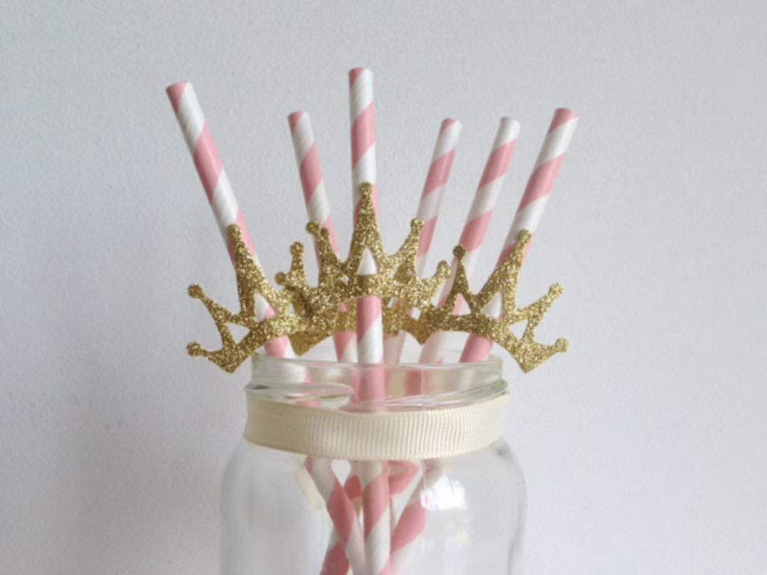Princess Party Pink and Glitter Gold Crown Straws - Etsy | Etsy (US)