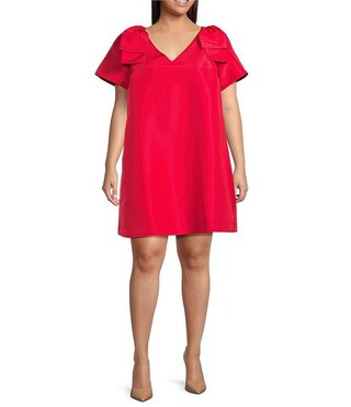 Sugarlips Plus V-Neck Short Sleeve Alani Bow Trapeze Mini Dress | Dillard's | Dillard's