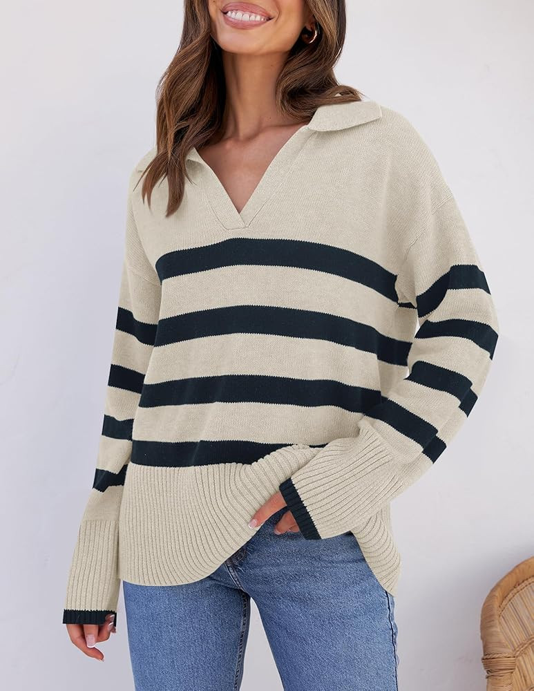 ZESICA Women's 2023 Winter Striped Sweaters Lapel V Neck Long Sleeve Chunky Knit Oversized Pullov... | Amazon (US)