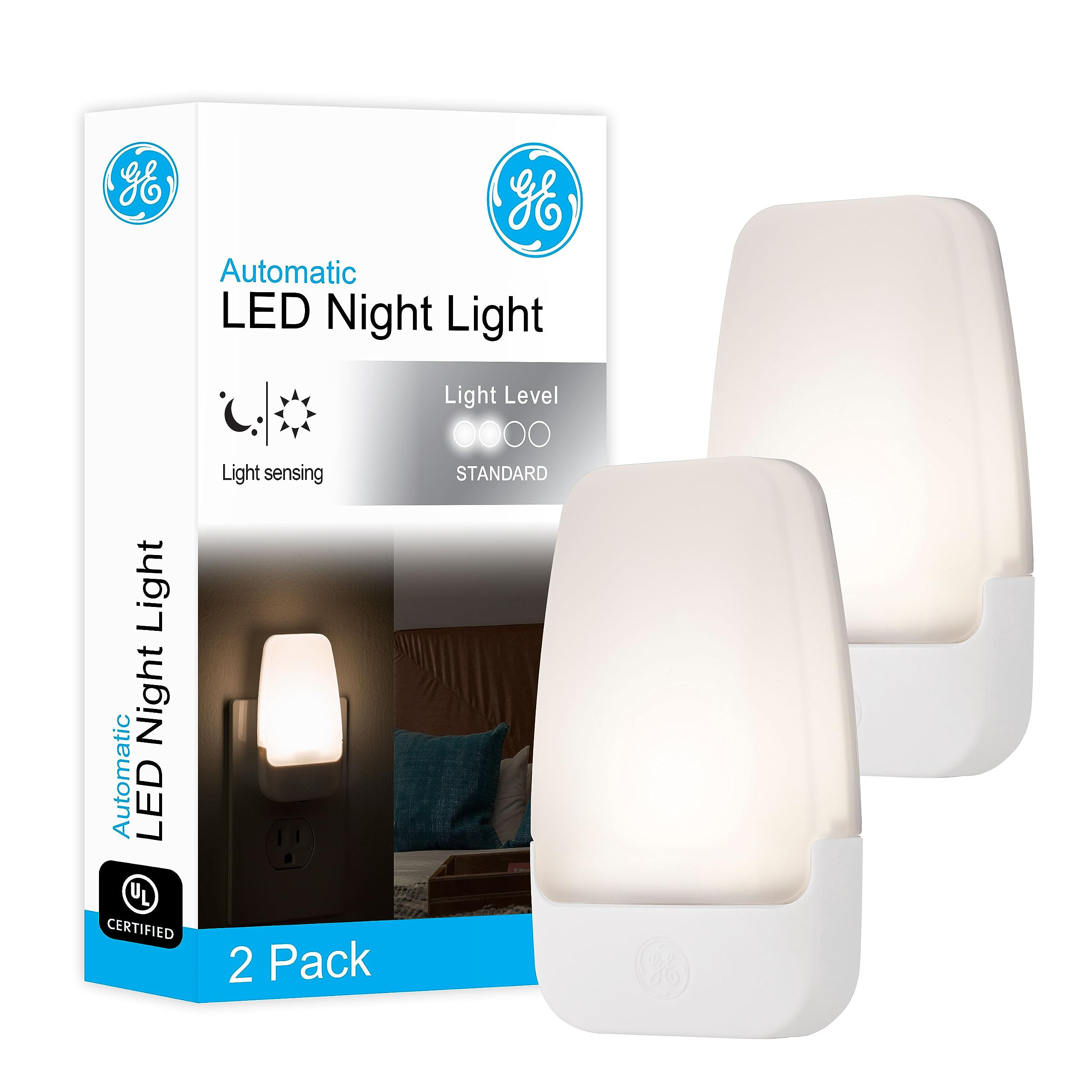 GE LED Night Light, Plug-in, Dusk to Dawn Sensor, Warm White, Ambient Lighting, Ideal Kids Adults Nightlight for Bedroom, Bathroom, Nursery, Hallway, Kitchen, 30966, 2 Pack | Amazon (US)