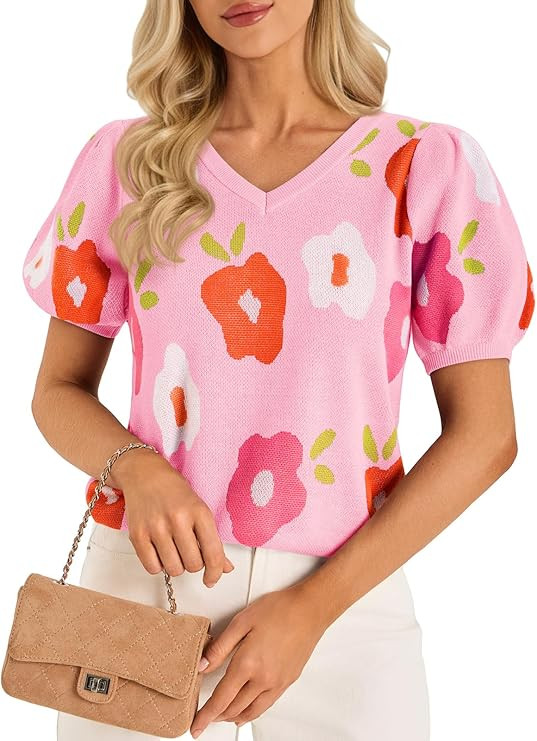 Cicy Bell Womens Puff Short Sleeve Sweater Tops 2026 Spring Summer Floral Pullover V Neck Casual ... | Amazon (US)