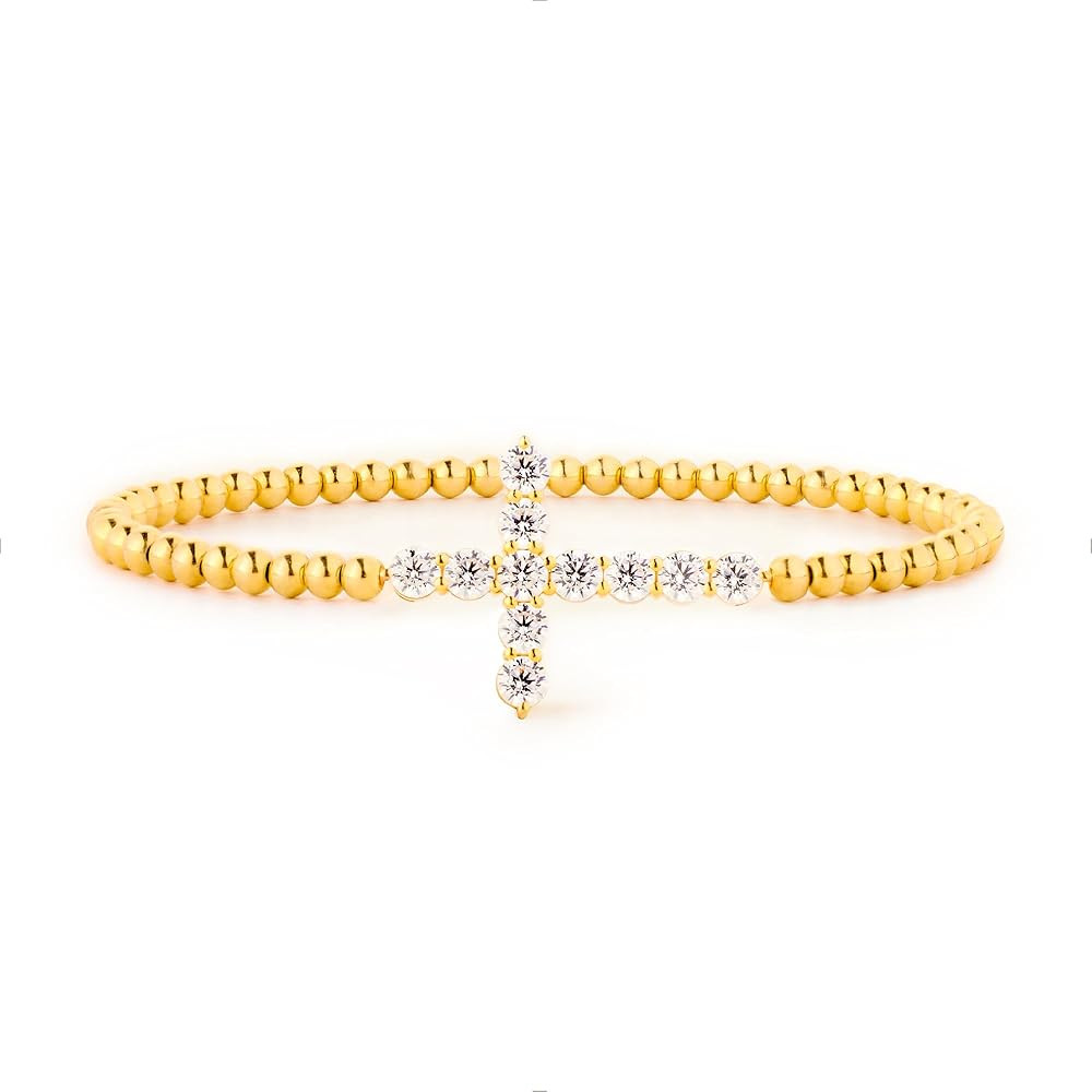 STORYJEWELLERY 18K Gold Plated Cross Bracelet for Women, Small Beaded Cross Bracelet, Stackable B... | Amazon (US)