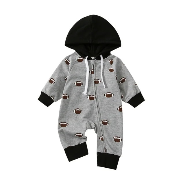 Baby Boy Girl Football Outfit Zip Up Hooded Romper Onesie Jumpsuit Cute Game Day Outfit Fall Wint... | Walmart (US)