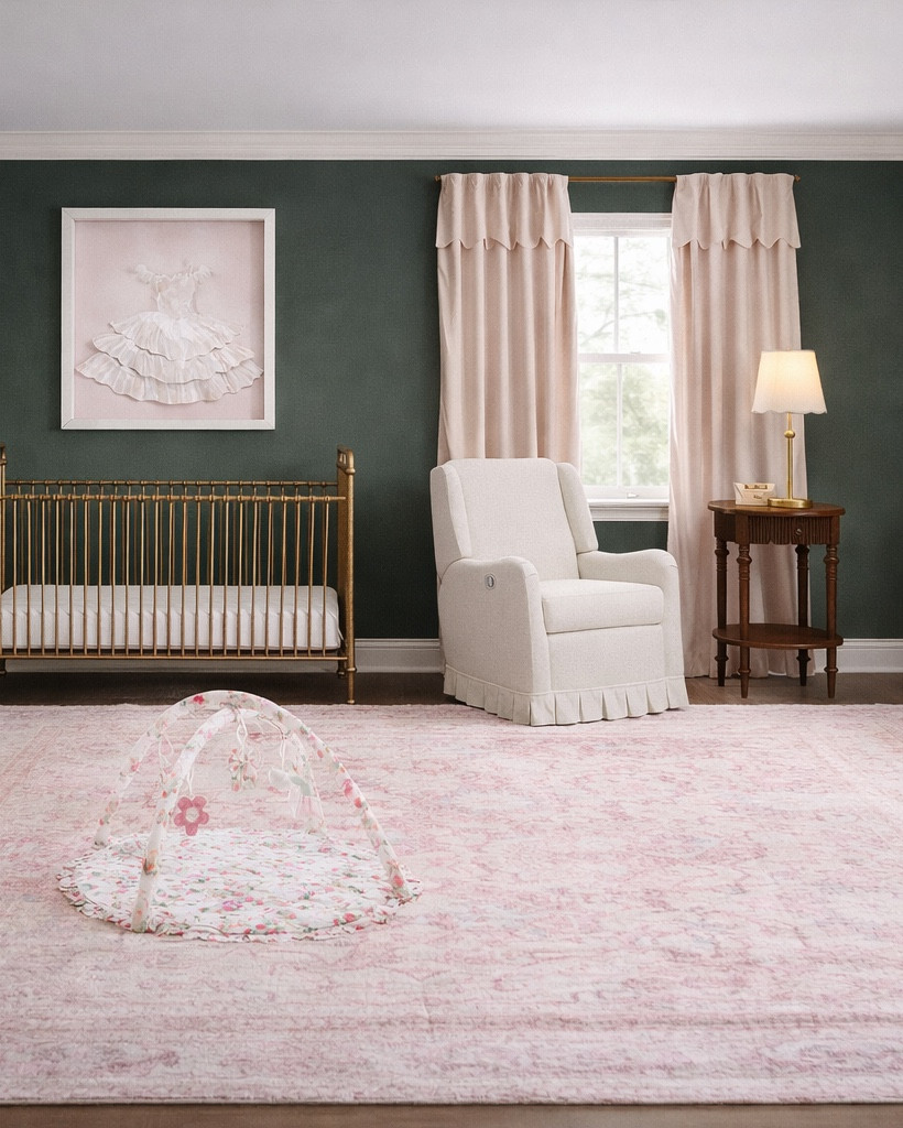 A timeless nursery inspired by vintage charm ✨
Deep dusty green walls, warm brass details, blush pink accents, and soft florals create a calm, heirloom feel that will grow beautifully with baby. A space designed to feel cozy, elegant, and thoughtfully curated 🤍

#LTKBaby #LTKKids #LTKHome