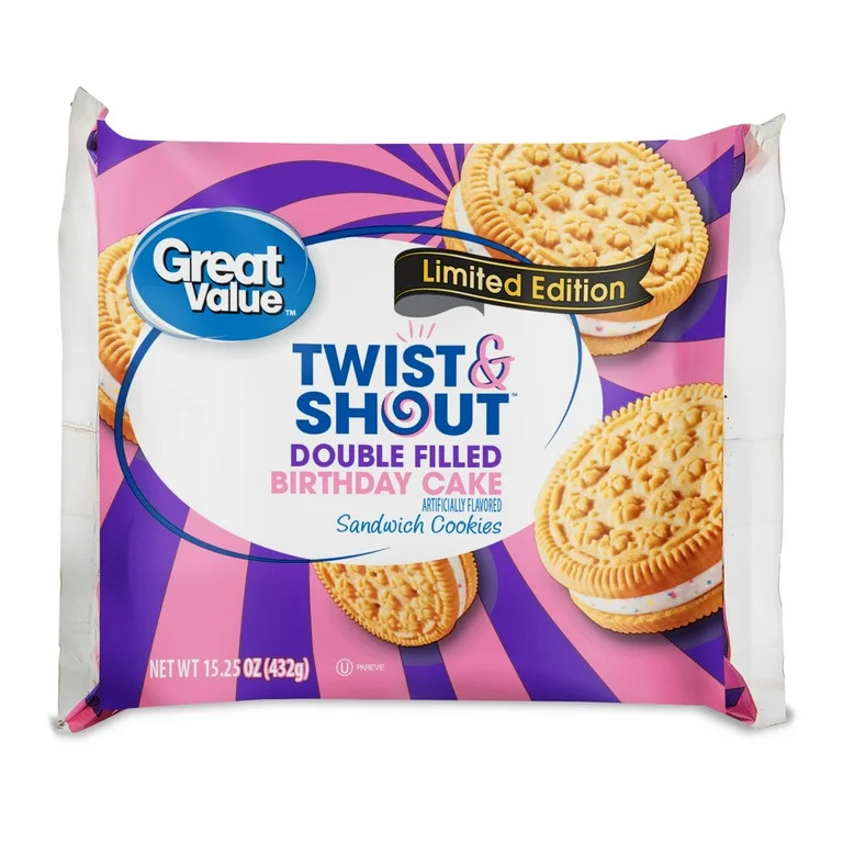 Great Value Twist & Shout Double Filled Birthday Cake Sandwich Creme Cookies, 15.25 oz | Walmart (US)
