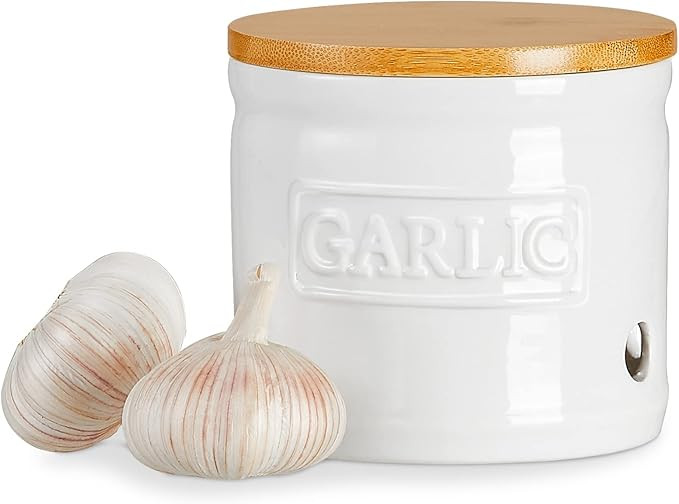 ONEMORE Garlic Keeper with Lid, Ceramic Garlic Saver 4 inch, White | Amazon (US)