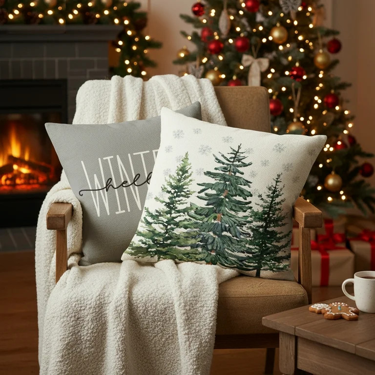 Sm:)e Hello Winter Christmas Tree Pillow Covers 18 x 18 Set of 4, Square Xmas Decorative Farmhous... | Walmart (US)