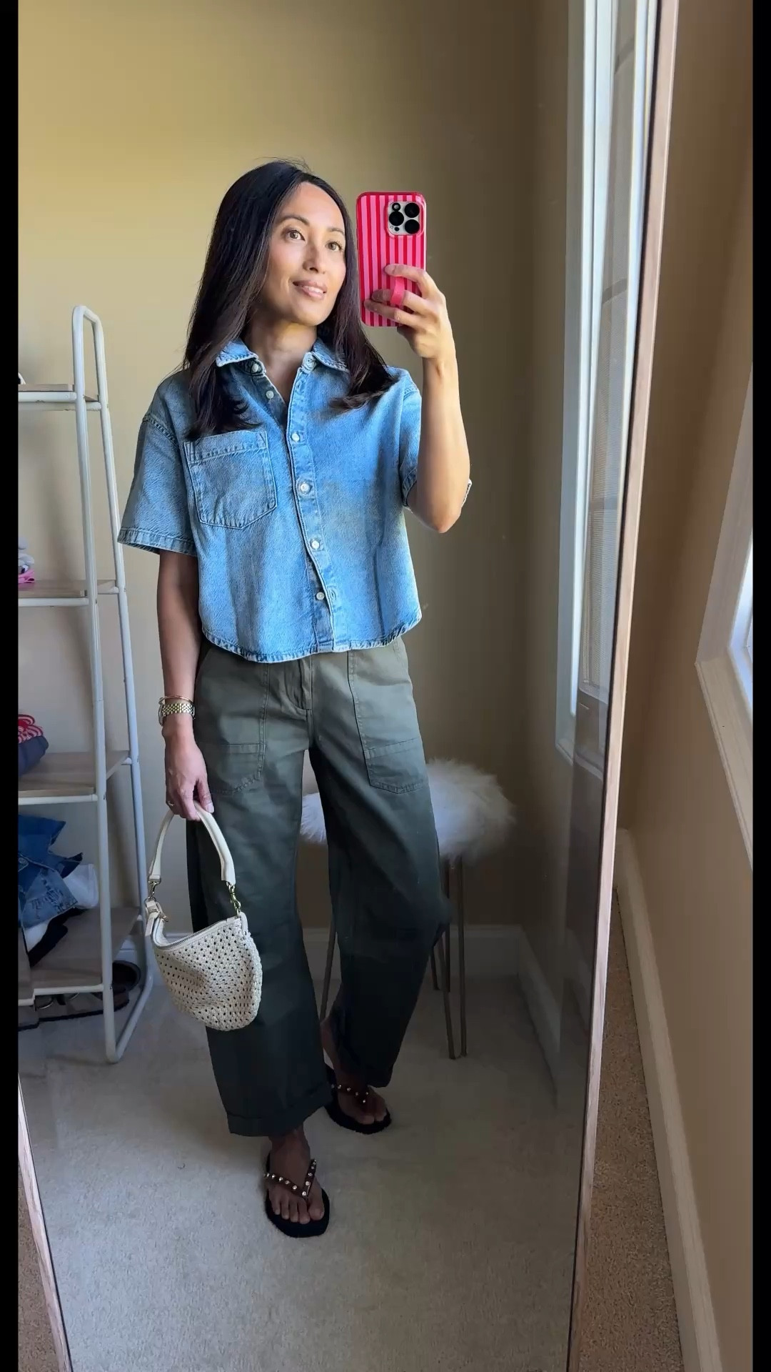 Spring outfits 2026. 
Cotton pants from @Pistola Denim  on a rare sale. I love the cut and fit. Size down. 
Denim shirt true to size. 
Embellished flip flops true to size. 


#LTKOver40