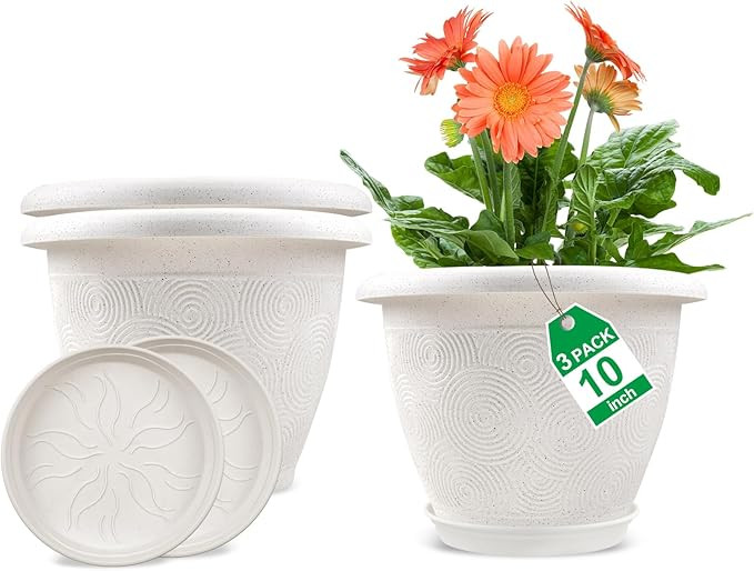 Plastic Flower Pots Planters for Indoor Plants, 3 Pack 10 Inch White Plant Pots with Drainage Hol... | Amazon (US)
