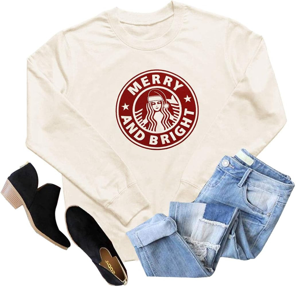 GEMLON Women Merry and Bright Shirt Christmas Coffee Graphic Long Sleeve Baseball Top Blouse | Amazon (US)