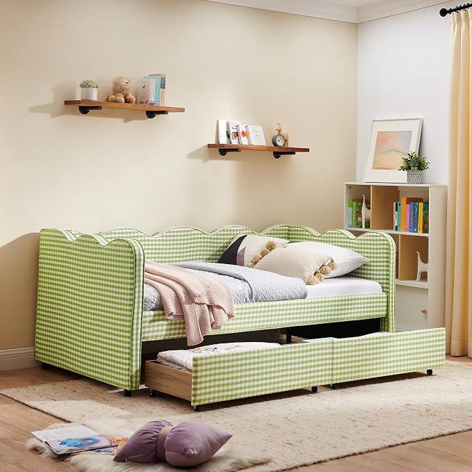 Twin Size Upholstered Daybed with 2 Storage Drawers, Gingham Daybed with USB Ports for Bedroom Li... | Amazon (US)