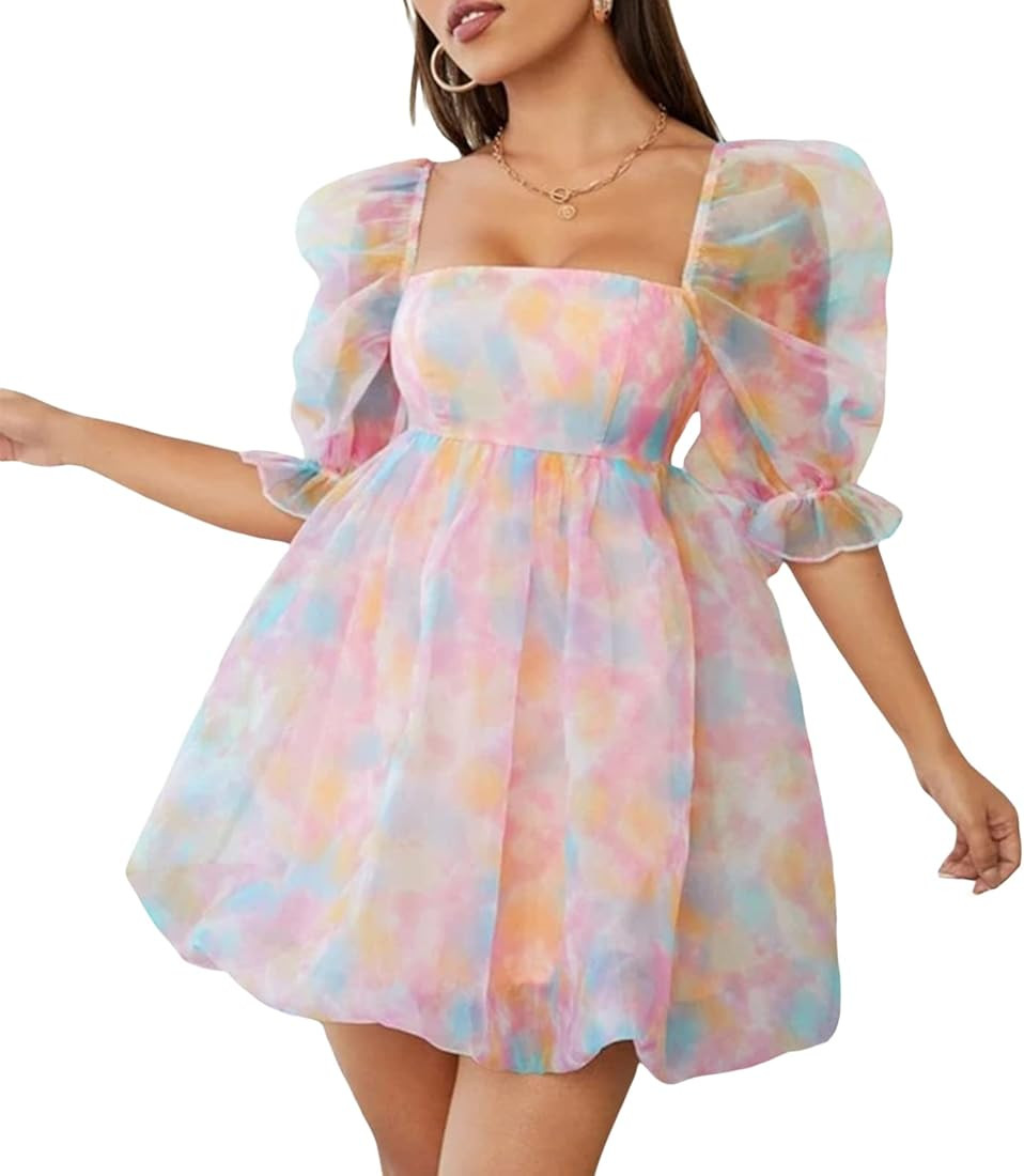 Fairy Mesh Tulle Dress for Women Puff Sleeve Mini Princess Dress Square Neck Prom Short Party Dre... | Amazon (US)