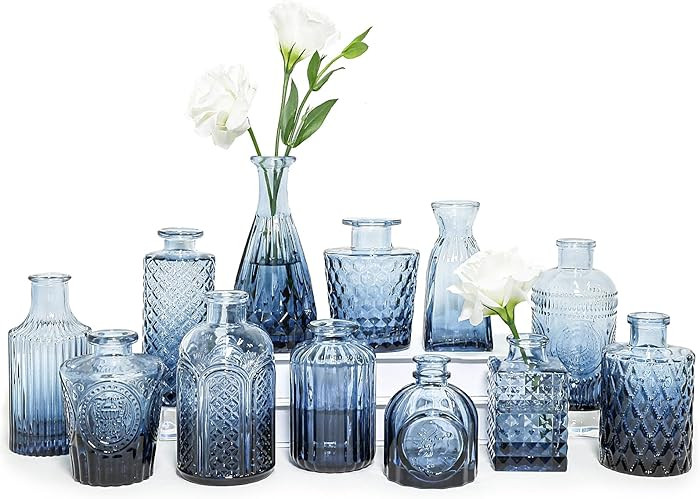 Glass Bud Vase Set of 12, Small Blue Flower Vases for Centerpieces in Bulk, Mini Vintage Vase for... | Amazon (US)