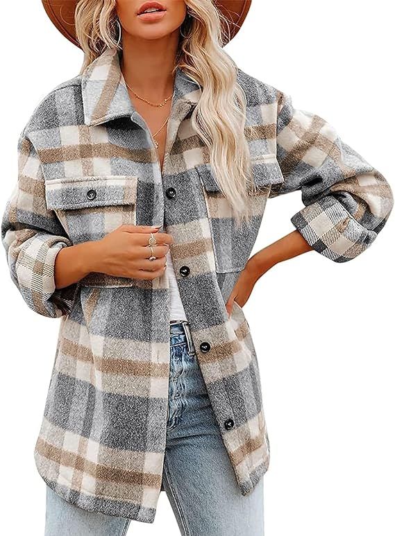 Lviefent Womens Casual Wool Blend Plaid Flannel Shackets Jacket Button Down Shirt Coat | Amazon (US)