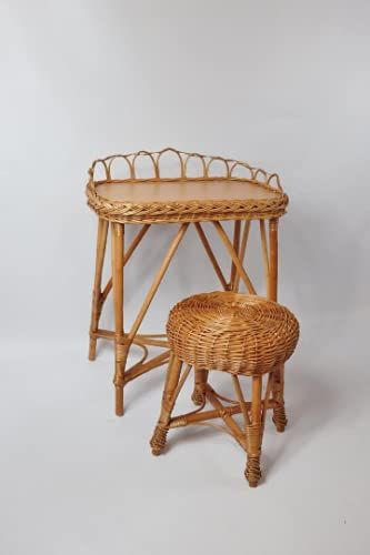 CACKOO Handmade Wicker Vanity Table with Stool for Kids Small Desk Natural Wicker | Amazon (US)