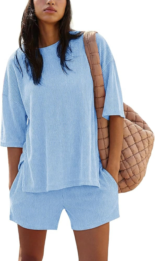 2 Piece Sets For Women Summer Ribbed Short Sleeve T Shirt And Shorts Travel Outfits Matching Loun... | Amazon (US)