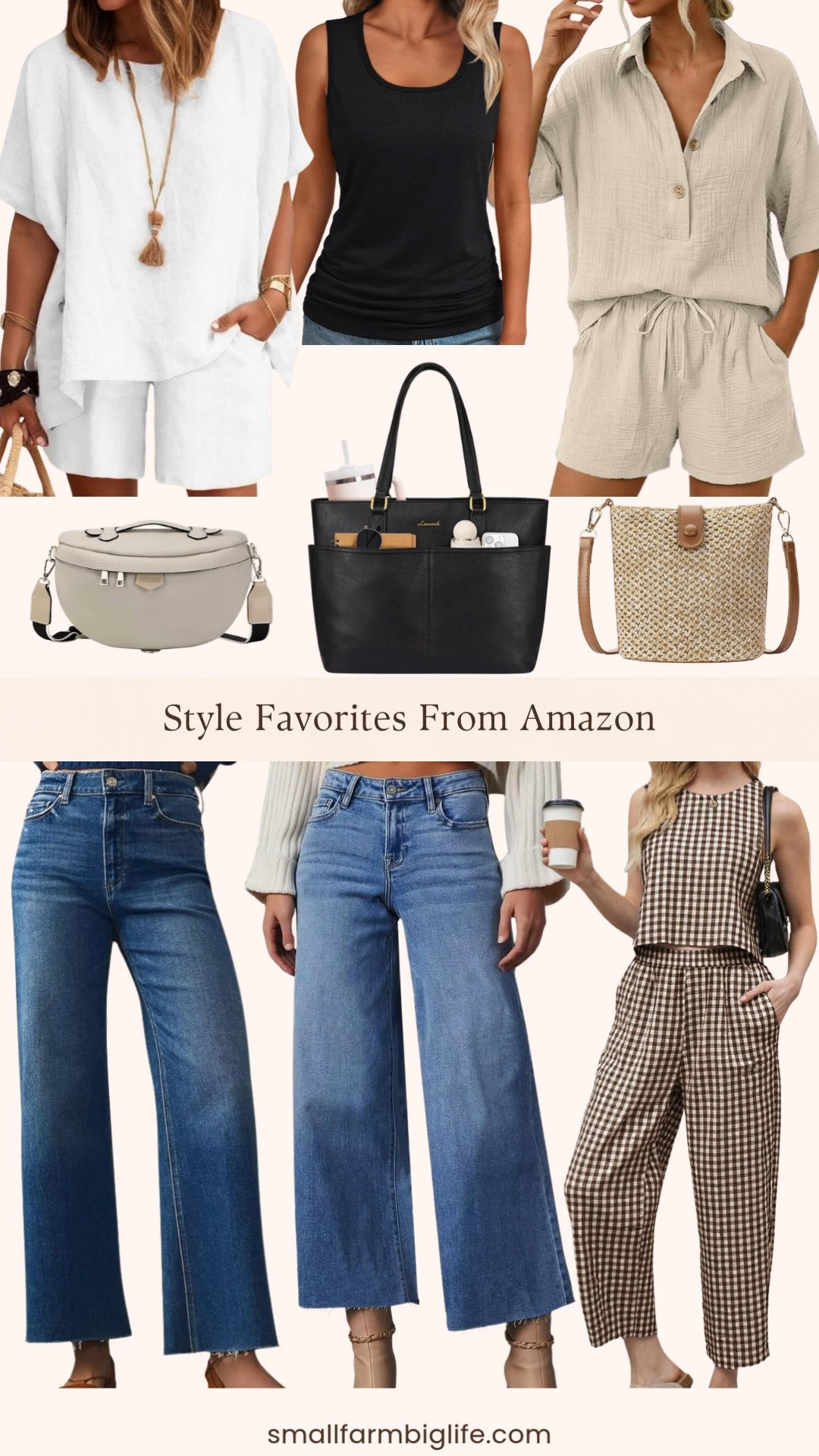 Sharing some of my favorite everyday style finds from Amazon right now and the prices are so good! From gingham and linen two piece sets and wide leg linen shorts sets to high waist baggy wide leg jeans, a classic black tank, a beautiful straw crossbody bag, a sleek laptop shoulder tote, and a versatile beige crossbody, these are the effortless and practical pieces that work for so many different occasions. All the neutral and classic tones that mix and match beautifully together. Linking everything below! 

 #LTKootd #LTKOver40 #LTKSaleAlert