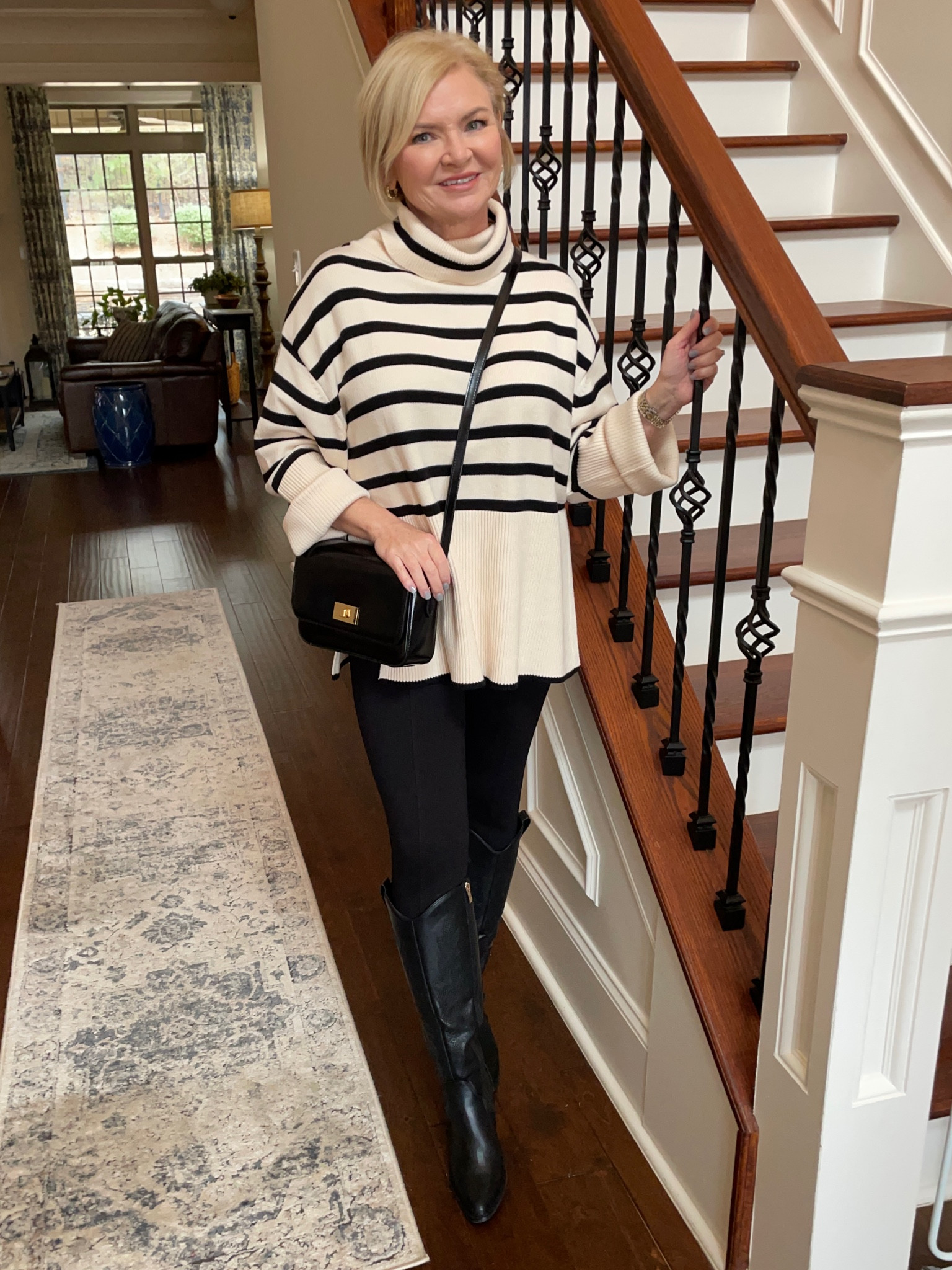 Wearing Small sweater, medium petite leggings. 

Casual outfit
Winter outfit 
Leggings
Boots
Crossbody bag
Stripes
Petite

#LTKover40 #LTKfindsunder100 #LTKSeasonal