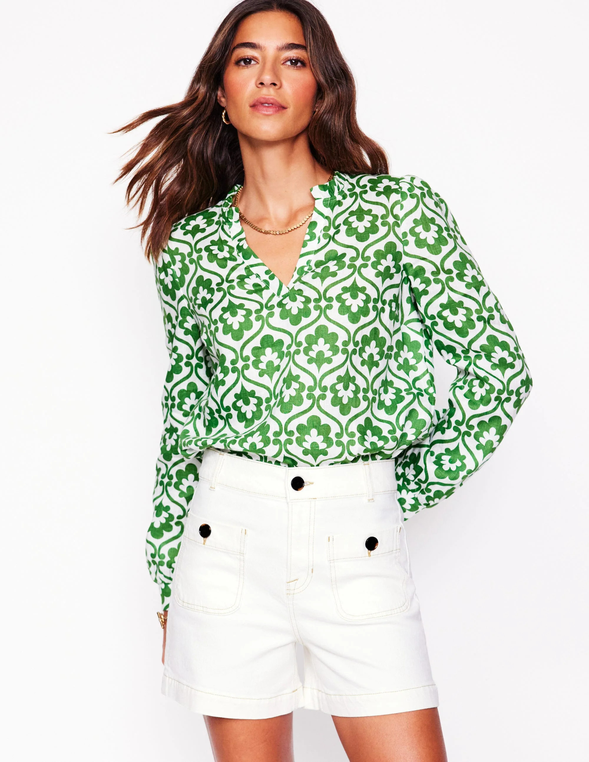 Grace Linen Top-Paradise Green, Ivy Trellis | Boden (US)