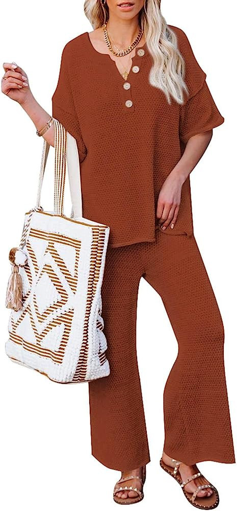 Pink Queen Women's 2 Piece Outfits Short Sleeve Button Knit Pullover Sweater Top Wide Leg Pants S... | Amazon (US)