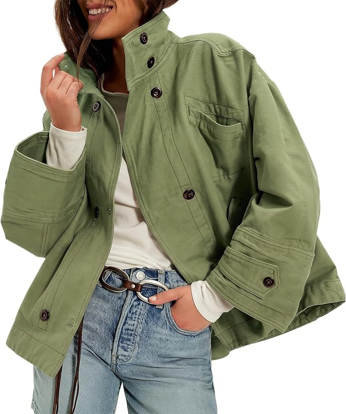 Ainangua Washed Canvas Bomber Jacket Women Oversized Funnel Neck Button Down Jackets Spring Stret... | Amazon (US)