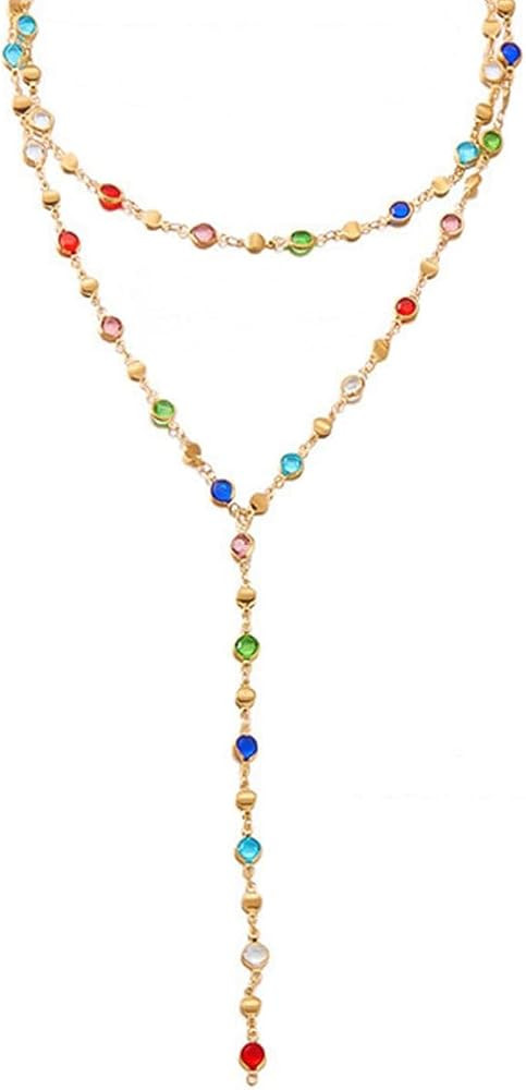 Colorful Necklace for Women,Gold Body Chain Jewelry Long Multicolor Beaded Choker Necklaces Rhine... | Amazon (US)