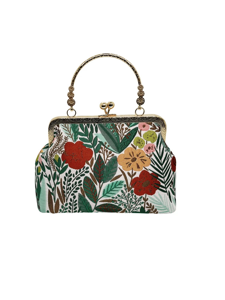 Tropical Style Multicolor Forest Embroidered Handbag, Polyester Cotton , Bamboo Handle, Crossbody Bag, Evening Clutch For Women, | SHEIN