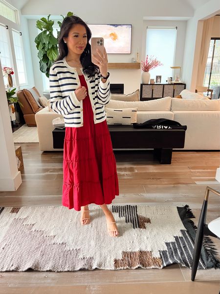 Spring outfit with red tiered midi dress that has pockets and so flattering on paired with sweater jacket that I absolutely love and is on sale for 22% off! Wearing size XS in the sweater jacket and size XS in the dress. Paired it with sandals for a chic look but would be cute with sneakers, too 

#LTKsalealert #LTKSeasonal #LTKstyletip