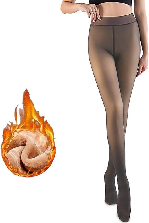 ZQFFB Fleece Lined Tights Women Leggings Black Warm Sheer Fleece Pantyhose Winter Thick Thermal T... | Amazon (US)