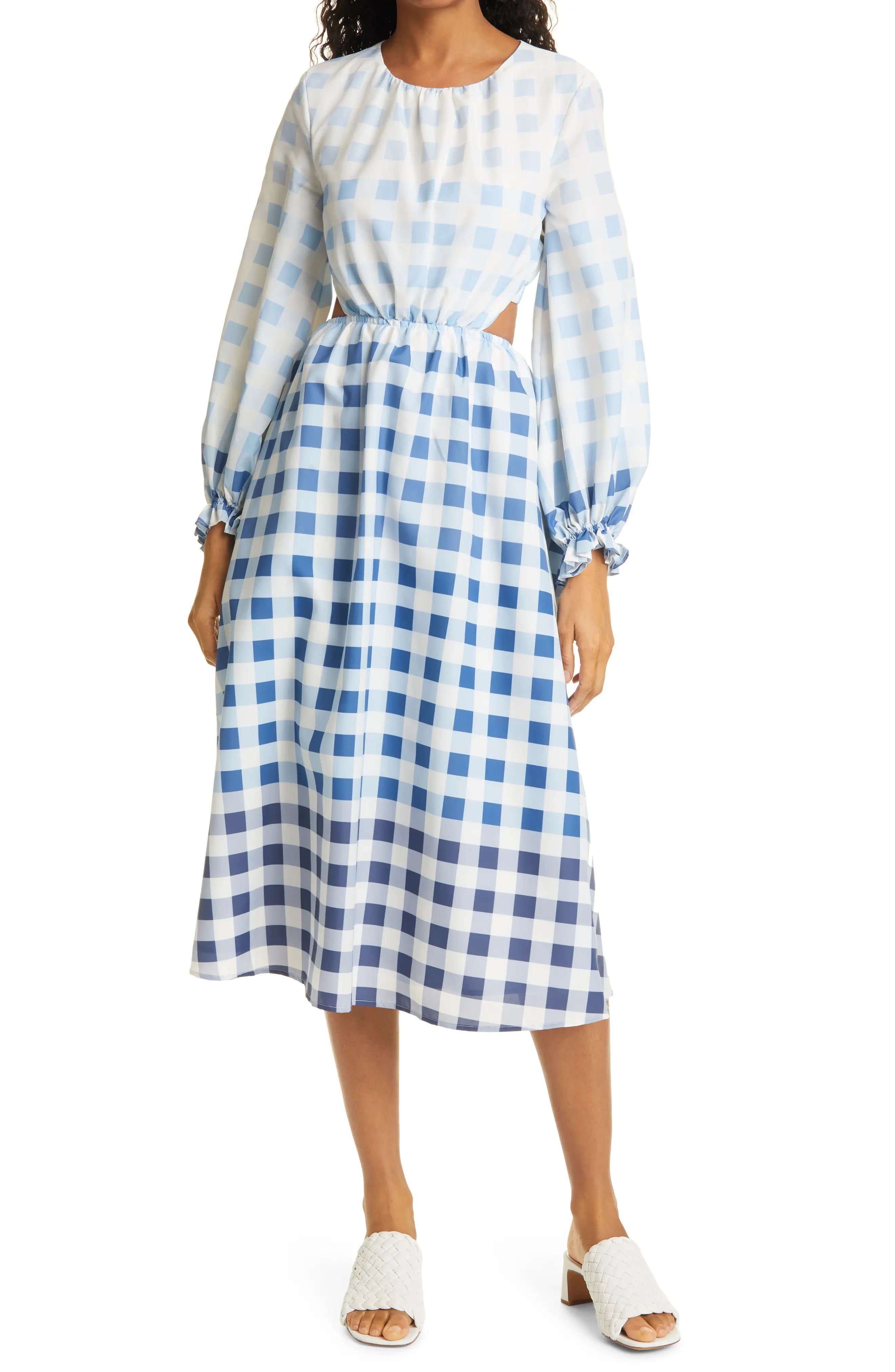 Women's Staud Blanche Ombre Gingham Long Sleeve Dress, Size Small - Blue | Nordstrom
