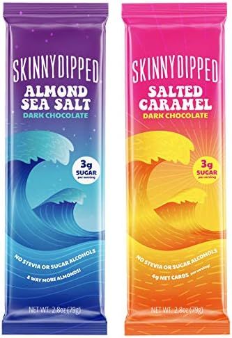 SkinnyDipped Dark Chocolate Bar 4 Pack, Almond Sea Salt and Salted Caramel, 3g Sugar per Serving,... | Amazon (US)