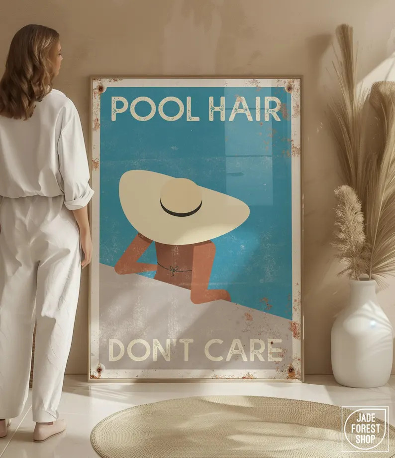 Pool Hair, Don't Care Sign, Retro Pool Poster for Unique Home Decor, Framed Canvas Print or Water... | Etsy (Global)
