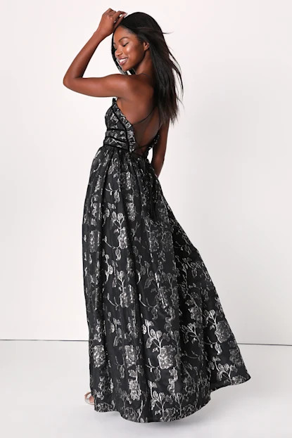 Sleek Shine Black and Silver Floral Jacquard Lace-Up Maxi Dress | Lulus (US)