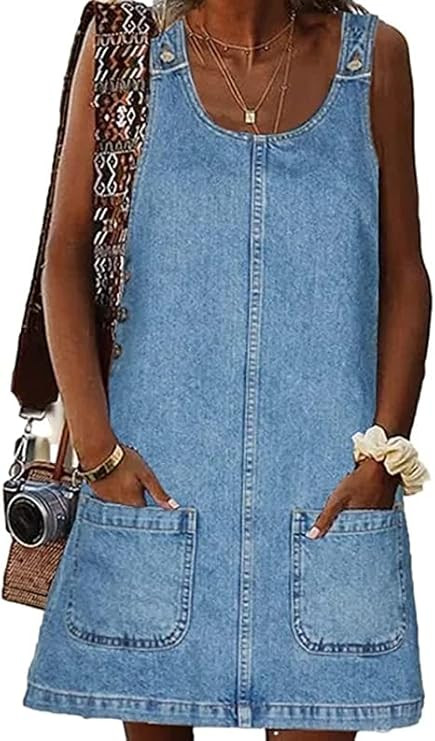 BZB Women's Sleeveless Casual Denim Dress Crewneck Vintage Overall Mini Dress with Pockets | Amazon (US)