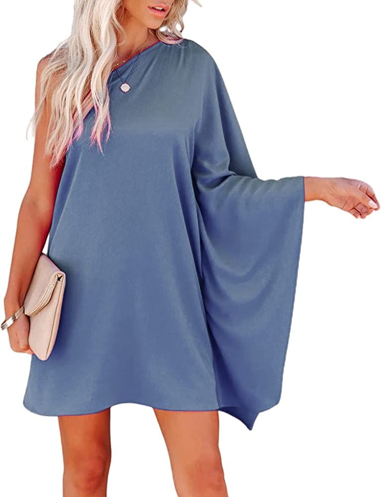 Jhsnjnr Women's Casual Batwing Sleeve One Shoulder Dresses Summer Club Party Cocktail Dresses | Amazon (US)