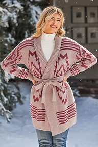 Neutral Geo Open Front Tie Waist Longline Sweater | Cupshe US