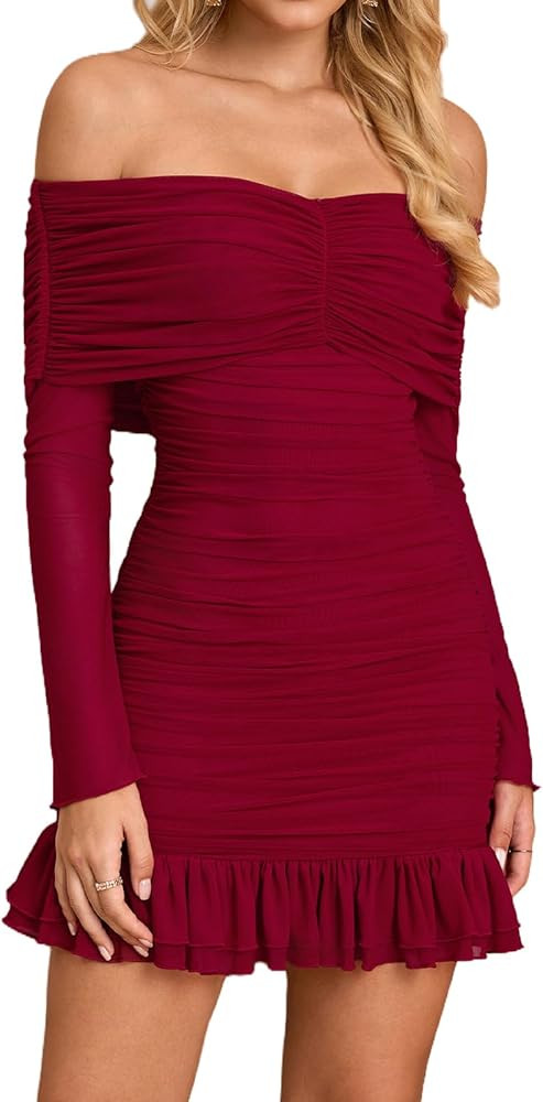 XinFSh Women's Sexy Off The Shoulder Bodycon Mini Dress Fall Long Sleeve Ruffle Ruched Short Part... | Amazon (US)