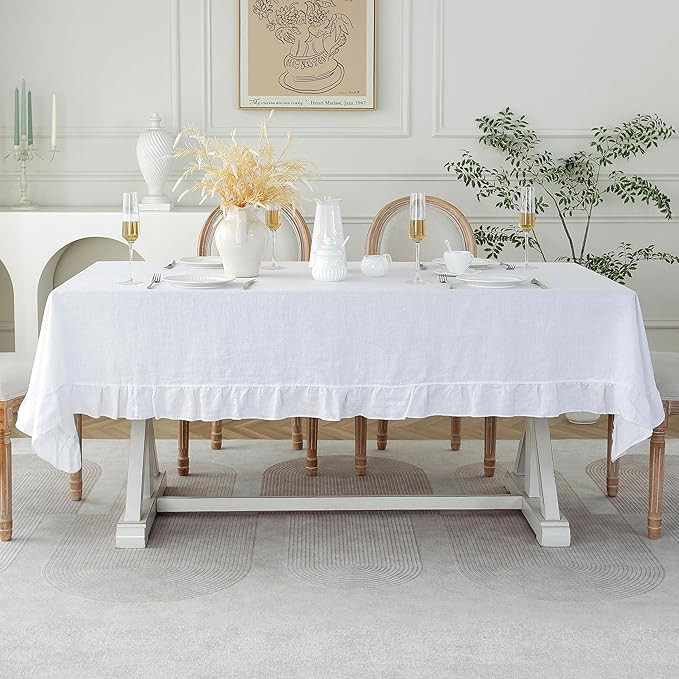 Linen World Ruffle Linen Tablecloth,100% French Linen White Tablecloth 120" x 60" Inch,Washable R... | Amazon (US)